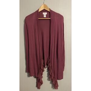 Soft Surroundings Womens Waterfall Cardigan Large Maroon Open Front Ruffle Fairy